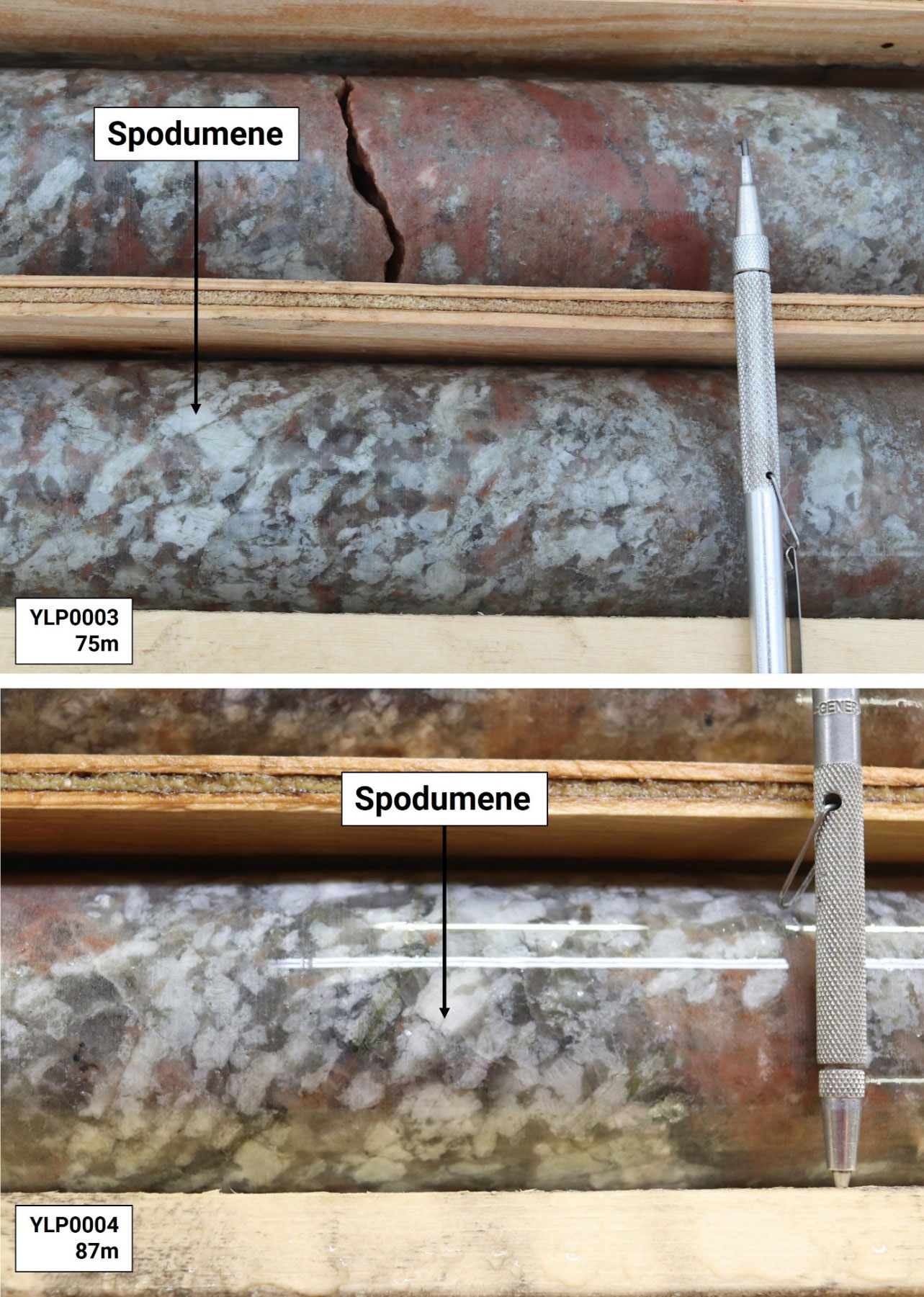 Figure 5: Close up photographs of drill holes YLP0003 and YLP0004 showing the style of spodumene mineralization within the Fi Southwest pegmatite dyke