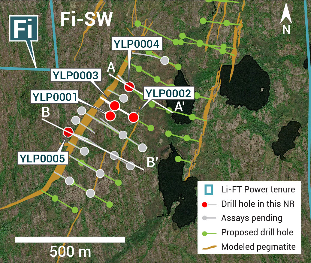 Plan view showing the surface expression of the Fi Southwest pegmatite with diamond drill holes reported in this press release